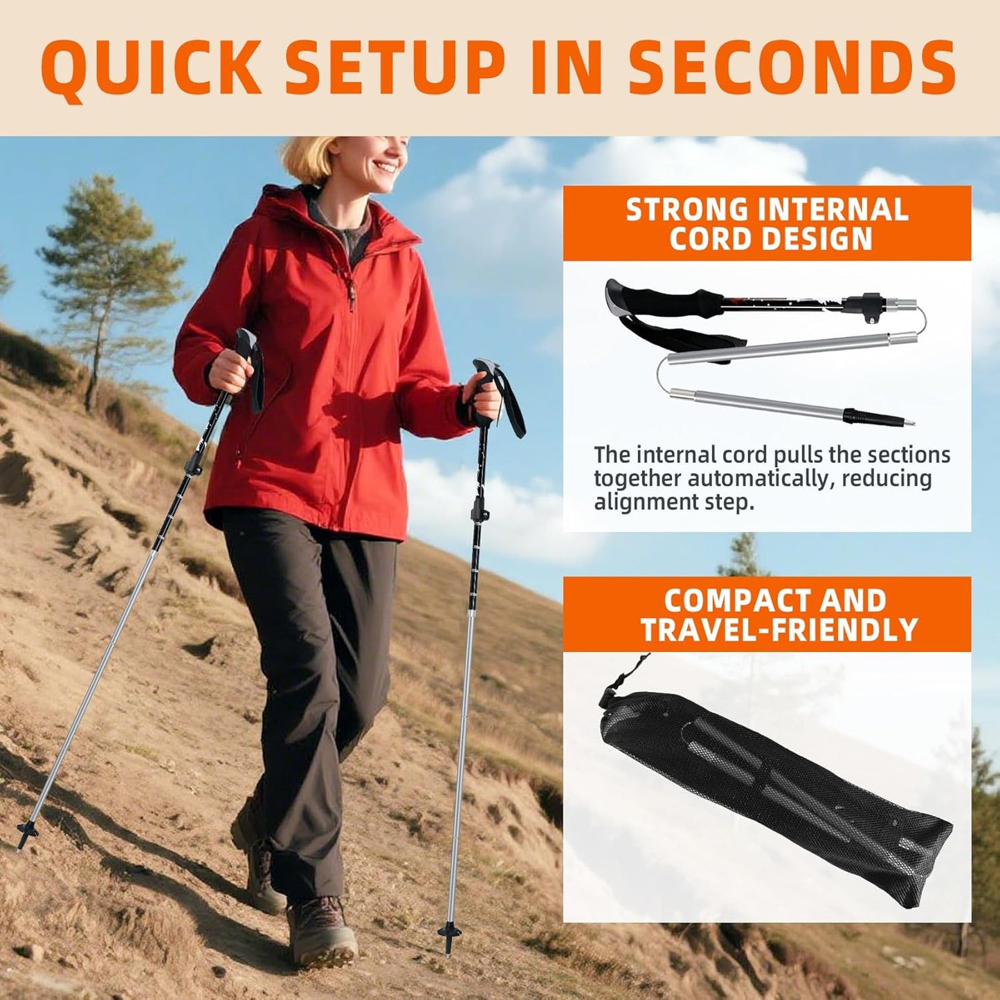 Collapsible Trekking Poles for Hiking - Lightweight Foldable Hiking Poles, 2 Pack Adjustable Aluminum Walking Sticks with for Men, Women, Kids, Seniors, Walking Poles for Backpacking, Camping, Travel