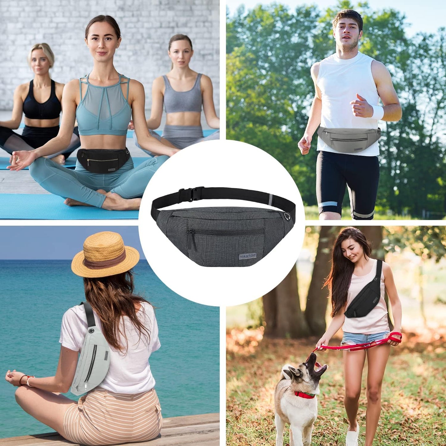 MAXTOP Large Crossbody Fanny Pack with 4-Zipper Pockets,Gifts for Enjoy Sports Festival Workout Traveling Running Casual Hands-Free Wallets Waist Pack Phone Bag Carrying All Phones