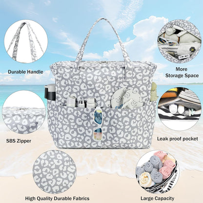 LEDAOU Large Beach Tote Bag Women Waterproof Sandproof Zipper Beach Tote Bag for Pool Gym Grocery Travel with Wet Pocket