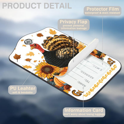 2 Pack Autumn Turkey and Pumpkin Luggage Tags for Suitcases Sunflower Leather Luggage Tags Privacy Cover ID Label with Stainless Steel Loop and Address Card for Women Men Travel Bag Backpack