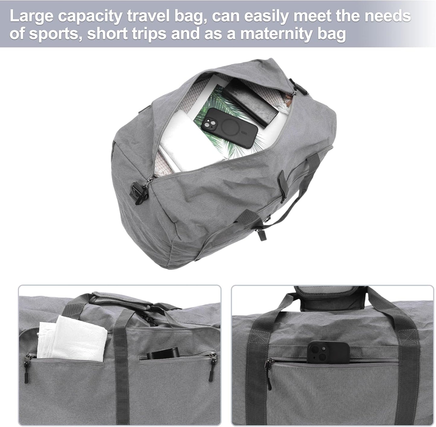 Duffle Bag for Travel, Women's Travel Duffel Bag, with Fixed Luggage Strap, Travel Duffle Bags, Shoe Compartment and Wet Pocket Design, Gray