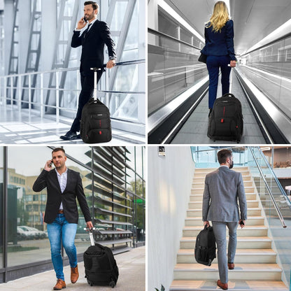 Rolling Backpack,18 inch Laptop Backpack with Wheels for Adults,Large Water Resistant Wheeled Backpack for Travel Carry on Trolley Luggage Suitcase College Business Computer Bag for Men Women, Black