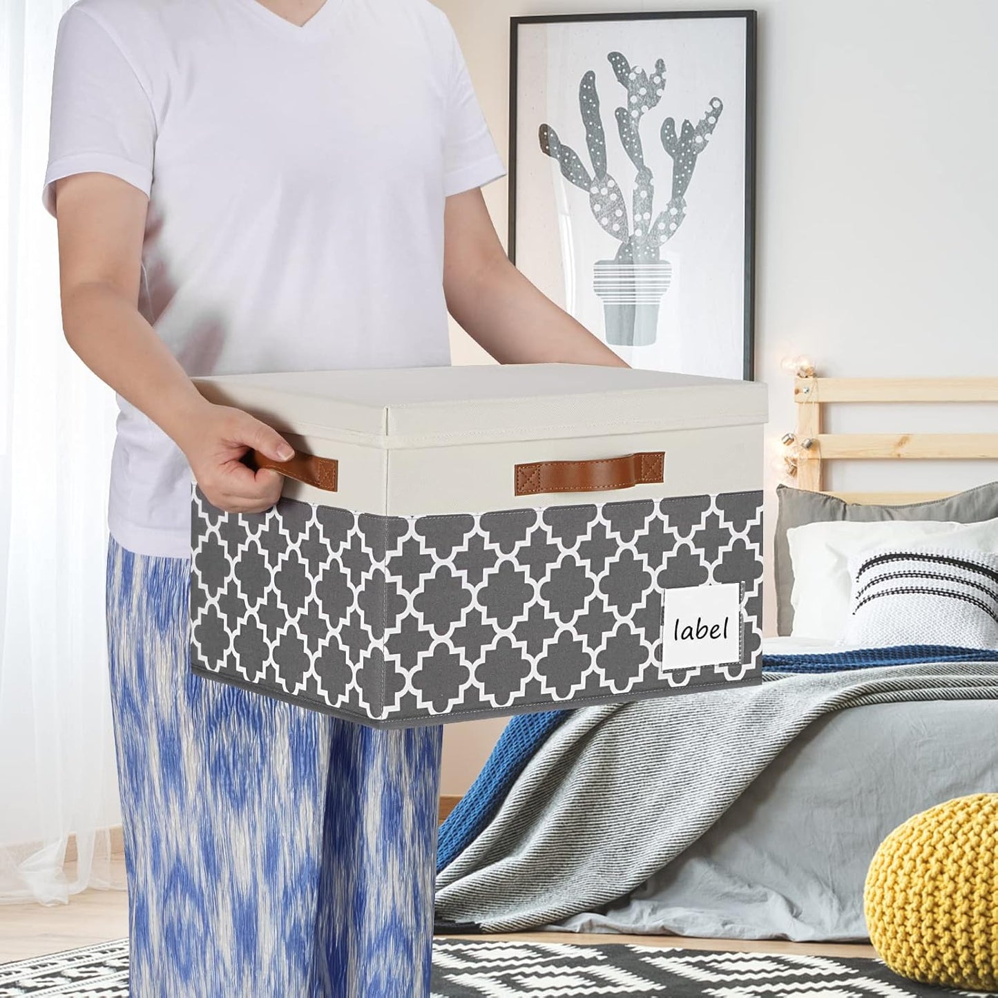 Large Storage Bins with Lids, Foldable Fabric Storage Baskets with Lids, Sturdy Storage Boxes with Labels and 3 PU Handles for Closet Home Bedroom Office (26L, 3 Packs, Grey Plaid&White)