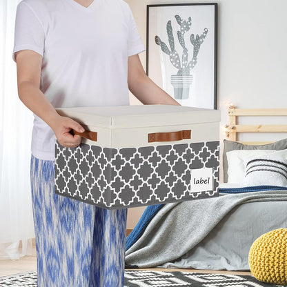 Large Storage Bins with Lids, Foldable Fabric Storage Baskets with Lids, Sturdy Storage Boxes with Labels and 3 PU Handles for Closet Home Bedroom Office (26L, 3 Packs, Grey Plaid&White)