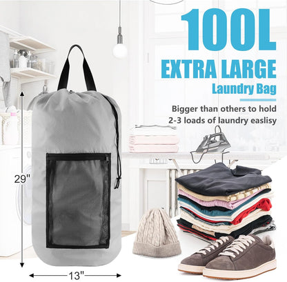 Laundry Bag Backpack, 2PCS Extra Large Travel Laundry Bag with Mesh Pocket & Adjustable Shoulder Straps,Dirty Clothes Travel Bag for College Students Dorm,Apartment(Light Gray)