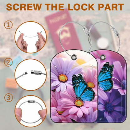 2 Pack Luggage Tag for Suitcase Purple Daisy and Butterfly Leather Suitcase Tags with Privacy Name ID Label and Stainless Steel Loop for Travel Bag