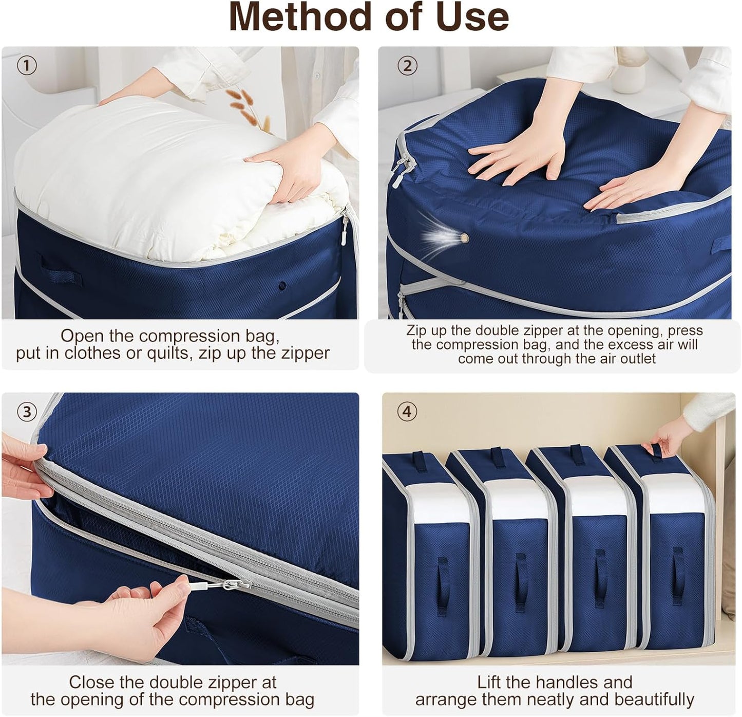 4 Pack Compression Storage Bags - 110L Large Capacity Comforter Storage Bag, 3-Layer Washable Ultra Space Saving Self Compression Organizer Space Bags for Blanket, Sweater, Sheet, Navy Blue