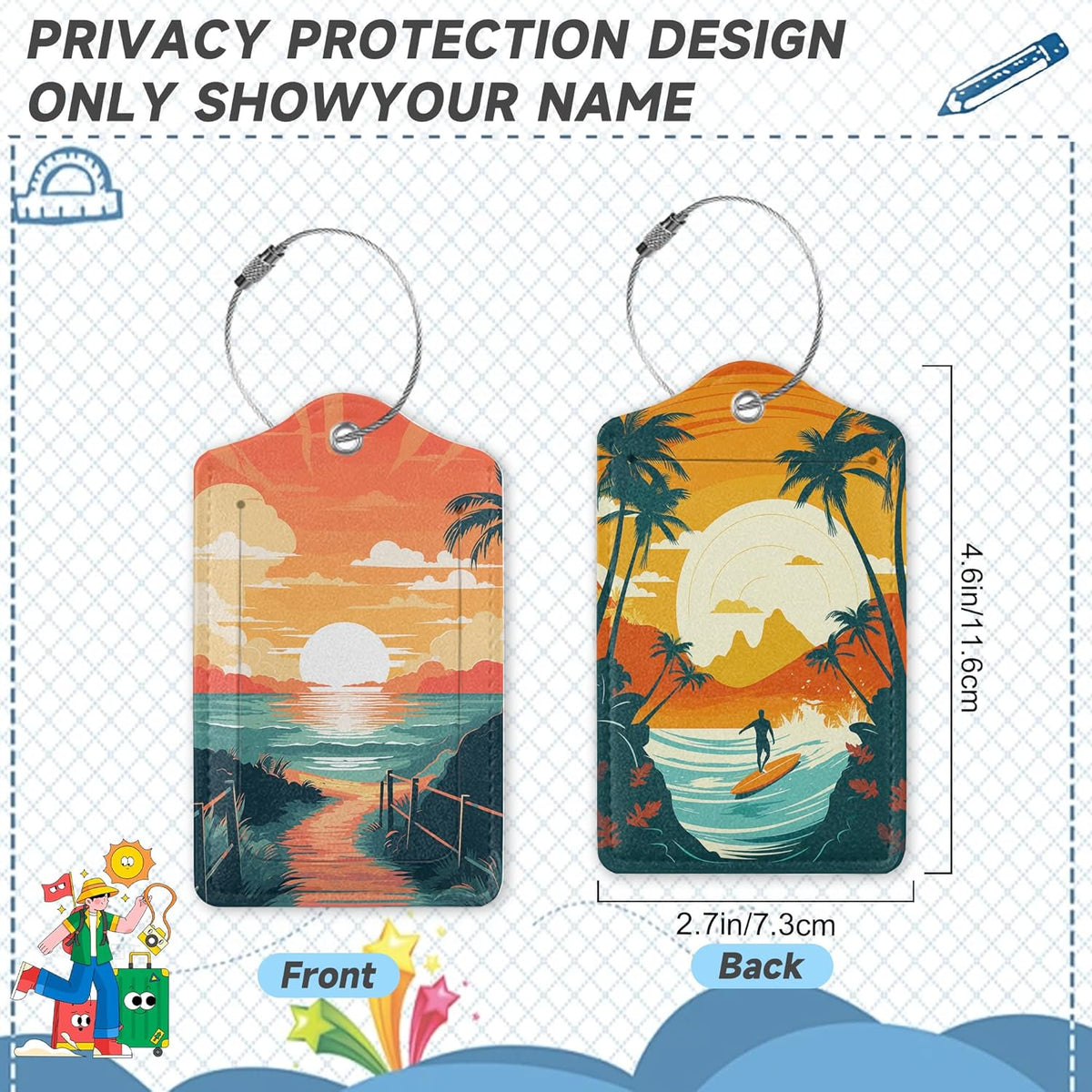Sunset Beach Summer Luggage Tags, 2 Pack Travel Cruise Tags for Suitcases, Cute Identifiers with Privacy Flap, Baggage Tags for Women Men Handbag