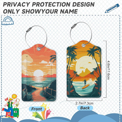 Sunset Beach Summer Luggage Tags, 2 Pack Travel Cruise Tags for Suitcases, Cute Identifiers with Privacy Flap, Baggage Tags for Women Men Handbag