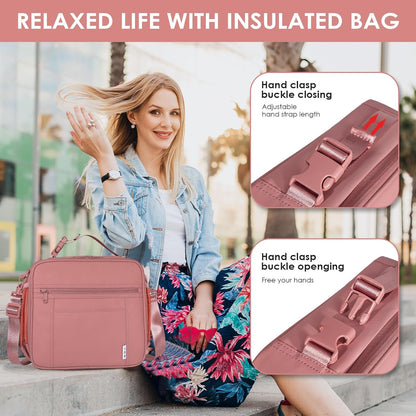 NOL Kids Lunch Bag for School, Reusable Insulated Lunch Box & Children's Tote Bag with Zipper Closure, Buckle Handle, Adjustable Long Shoulder Strap, Easy-Clean Waterproof Fabric Lunchbox - Dark Pink