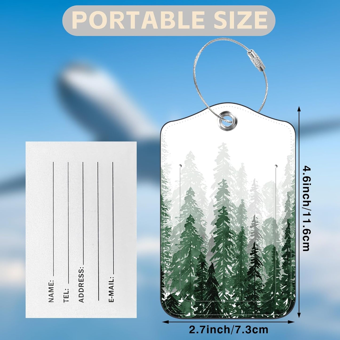 2 Pack Luggage Tags for Suitcases Watercolor Foggy Forest Leather Luggage Tags Privacy Cover ID Label with Stainless Steel Loop and Address Card for Women Men Travel Bag Backpack