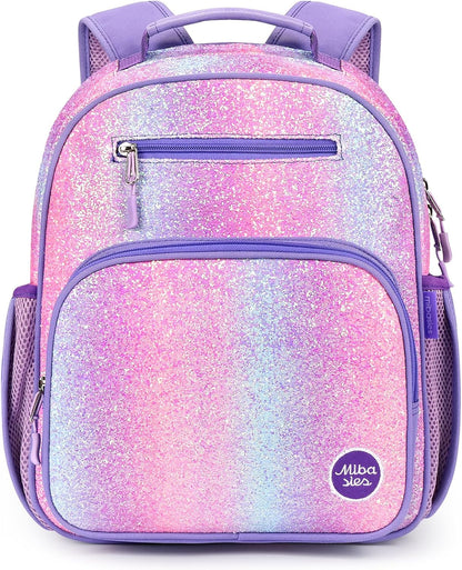 mibasies Girls Backpack 5-8: Glitter Kids Backpacks for Girls - Girl Bookbag for Elementary School - Purple