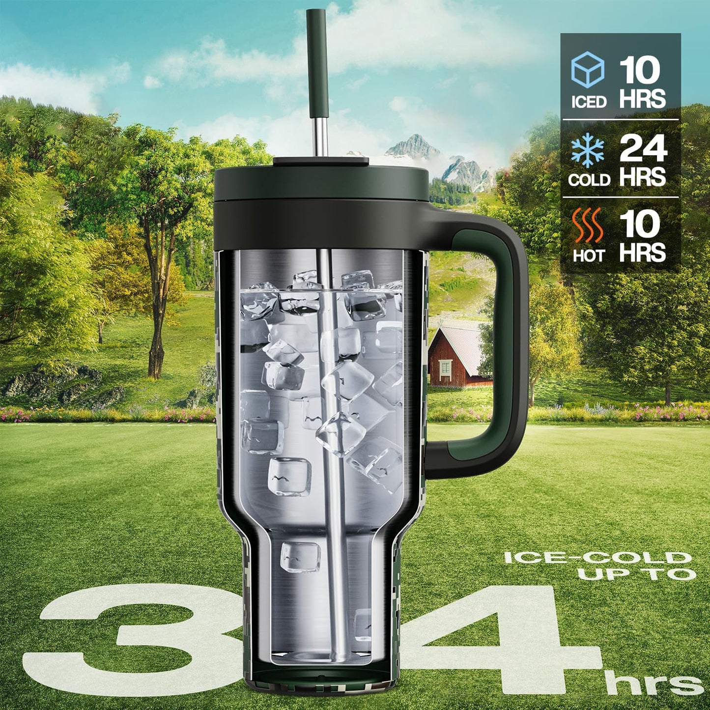 40 oz Camo Tumbler with Handle, 2-in-1 Straw and Sip Lid, Leakproof, Dishwasher Safe, Insulated Stainless Steel Travel Coffee Mug, Keeps Cold for 34 Hours, Fits in Car Cupholder (Woodland Flag)