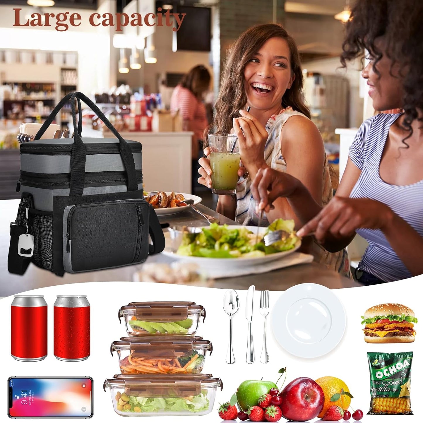 Insulated Lunch Bag Women & Men | Large Adult Lunch Box | Double-Layer Reusable Lunch Bags | Leak-Proof Tote Cooler Bag for Work Picnic Outdoors | 16L, Gray