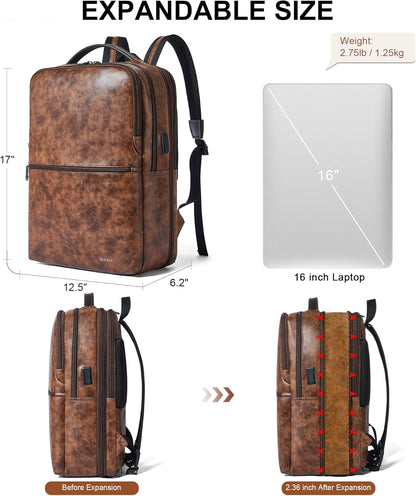 Vegan Leather Laptop Backpack for Women&Men,16 Inch Expandable Backpack with USB Charging Port,Two-toned Brown