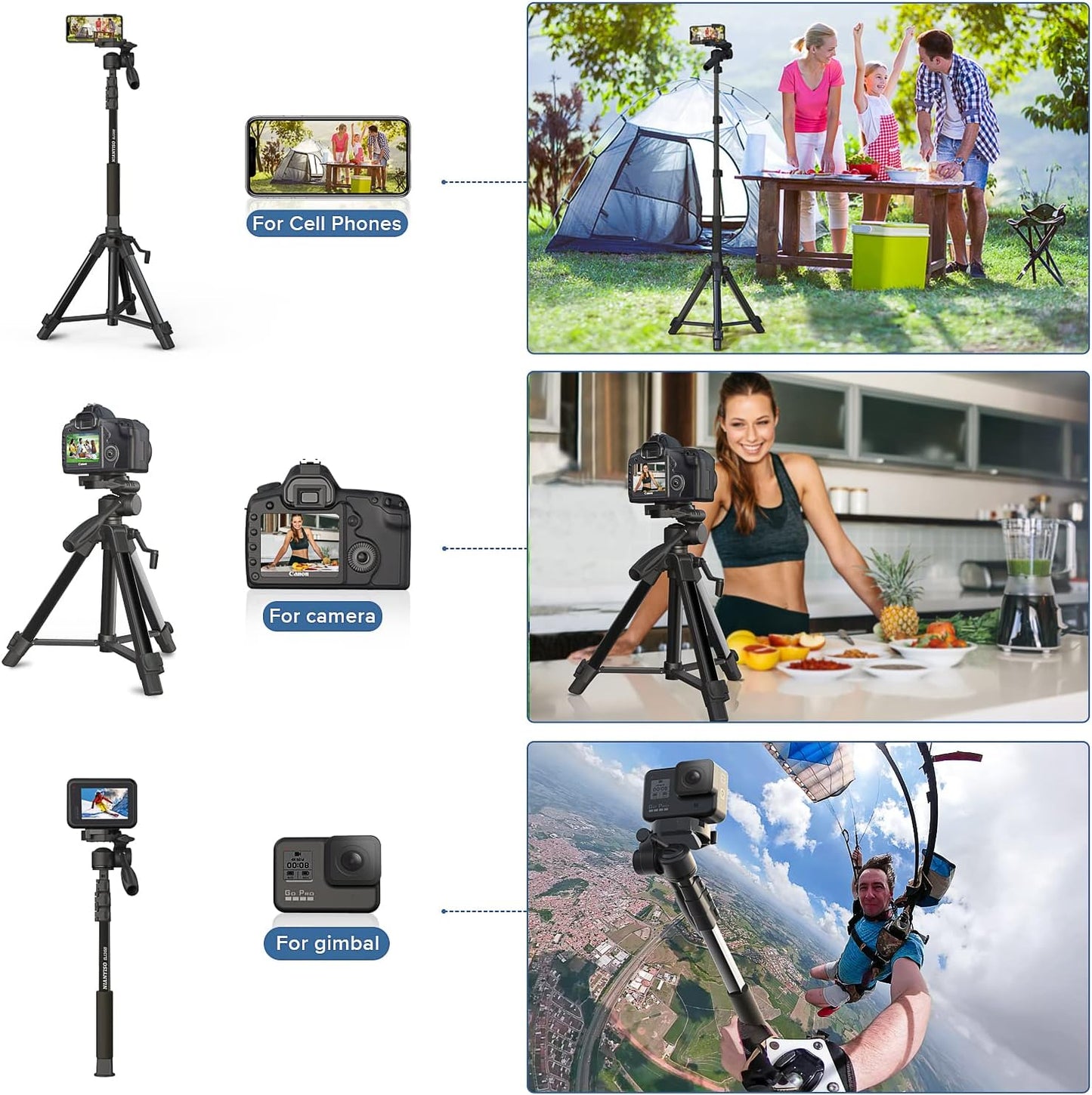 Camera Tripod 69 Inch, Patented 3-Way Swivel Portable Phone Tripod Professional Aluminum Alloy Travel Phone Camera Stand Monopod for Canon Nikon GoPro DSLR, DV Video Camcorder, Smartphone Black