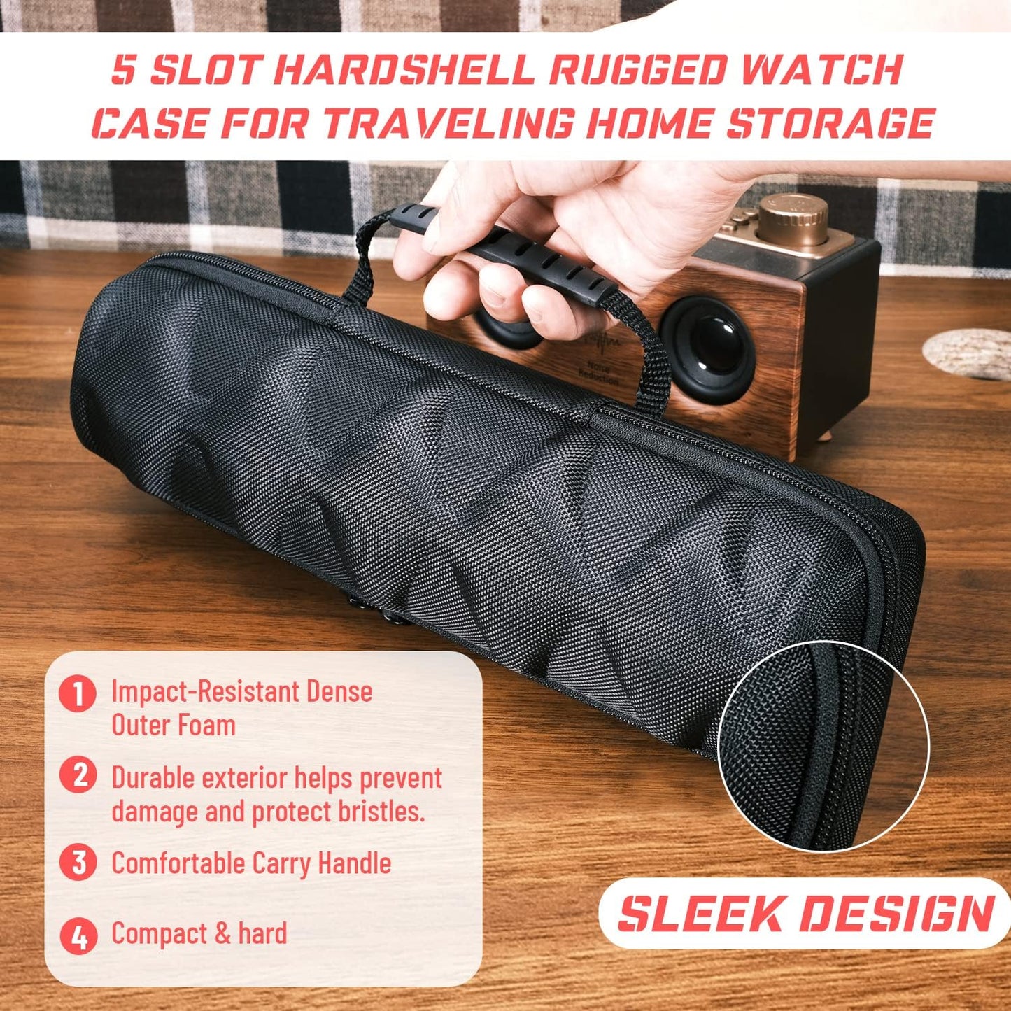5 slots Hard men's watch travel case, Portable zipper storage organizer box with soft compressible foam pillow to fit large and small watches(Black, 5slot)