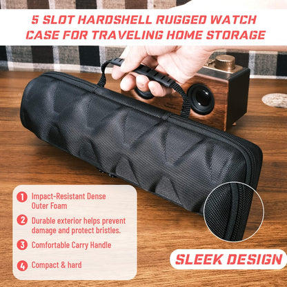 5 slots Hard men's watch travel case, Portable zipper storage organizer box with soft compressible foam pillow to fit large and small watches(Black, 5slot)