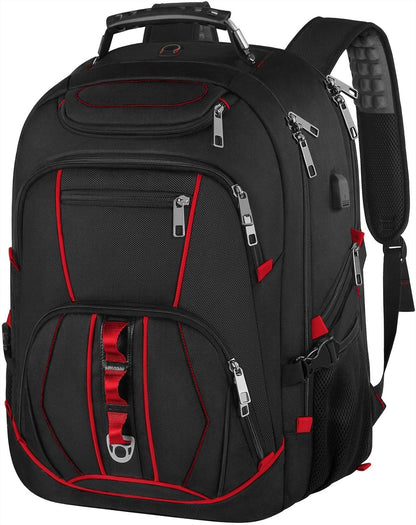 Laptop Backpack, Red, 55L Capacity, TSA Approved, RFID Anti-Theft, USB Charging Port, Headphone Hole, Back Luggage Strap, Chest Strap, Laptop Backpack