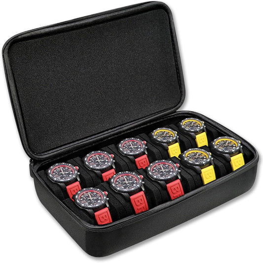 Juntan 10 Slots Hard Watch Travel Case, Portable Nylon Zipper Storage Organizer Box for Men Women with Soft Compressible Foam Pillow Black