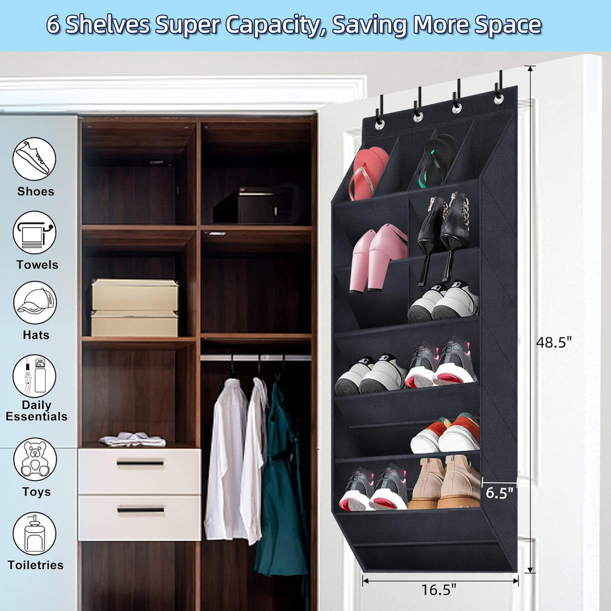 Over The Door Shoe Organizer, 2 Pack Hanging Organizer with Large Deep Pockets, Rack for Closet and Dorm Narrow Door, Holder Black