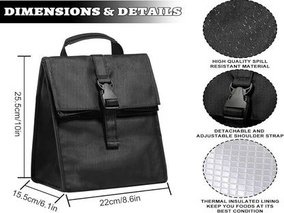 Insulated Foldable Lunch Bag- Lightweight Portable with Adjustable Shoulder Strap Lunch Box for Men, Women, Office, Work, Picnic, Hiking and Beach (Black(Soft Fabric))