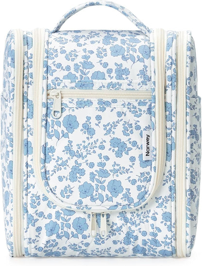 Narwey Hanging Toiletry Bag Women Travel Makeup Bag Organizer Toiletries Bag for Travel Size Essentials Accessories Cosmetics (Medium,Little Blue Flower)