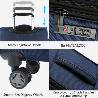 KROSER Softside Expandable Carry On Luggage with Spinner Wheels & Built-in TSA Lock, Durable Suitcase Rolling Luggage with USB Port, Carry-On 20-Inch, Navy