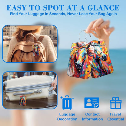Abstract Horse Luggage Tags for Suitcases Leather Travel Tags for Luggage ID Label with Privacy Cover and Stainless Steel Loop for Men Women Suitcase Backpack, Set of 2
