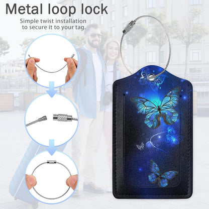 Butterfly Moon Luggage Tags,2 Pack Moth and Stars Luggage Tag,Leather Privacy Cover ID Label with Stainless Steel Loop for Women Men Kids Girls Travel