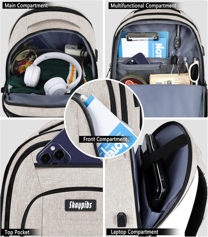 Travel Laptop Backpack for Women, School Backpack with USB Charging Port,Water Resistant Backpack for Girls, Business Work College bookbag,book bag Fits 15.6 Inch,Beige Back Pack