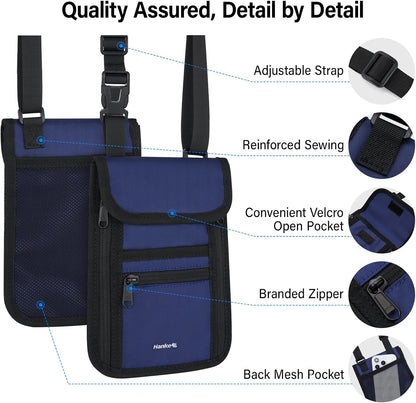 Hanke Passport Holder, Travel Wallet for Womens and Men, Neck Wallet Hidden Passport Pouch for Travel Adjustable Lightweight Thin with 6 compartments (Navy Blue)