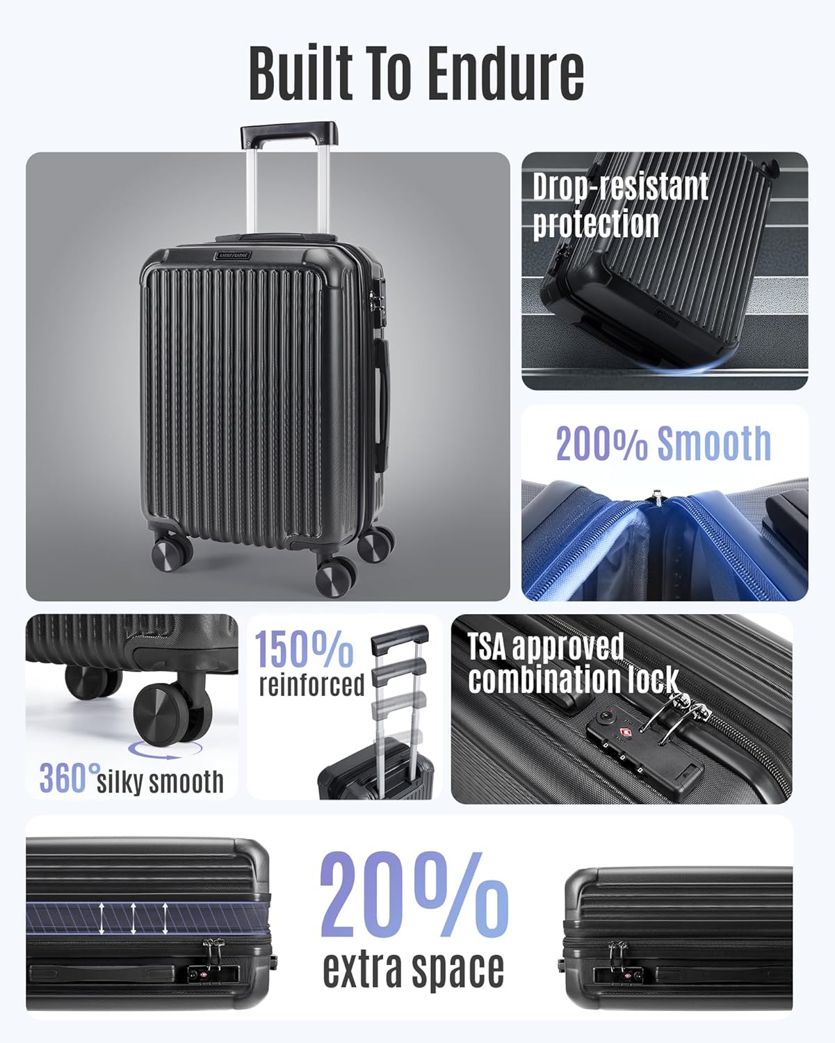 LIGHT FLIGHT Carry On Luggage 22x14x9 Airline Approved, Durable Hard Shell Carry On Suitcases with Wheels, Expandable Hardside Lightweight Travel Luggage with TSA Lock 20 Inch Carry on, Black