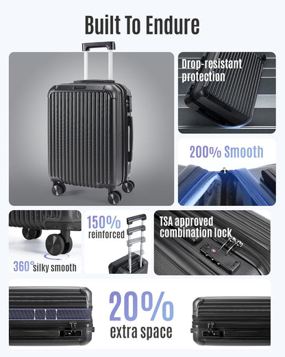 LIGHT FLIGHT Carry On Luggage 22x14x9 Airline Approved, Durable Hard Shell Carry On Suitcases with Wheels, Expandable Hardside Lightweight Travel Luggage with TSA Lock 20 Inch Carry on, Black