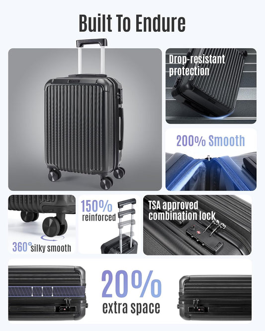 LIGHT FLIGHT Carry On Luggage 22x14x9 Airline Approved, Durable Hard Shell Carry On Suitcases with Wheels, Expandable Hardside Lightweight Travel Luggage with TSA Lock 20 Inch Carry on, Black