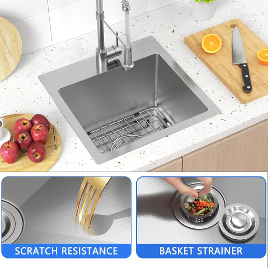 15x15 inch Drop in Bar Sink, 15 inch Small Kitchen Sink Topmount 18 Gauge Single Bowl Stainless Steel Bar Sink with Basket Strainer Drain & Bottom Grid