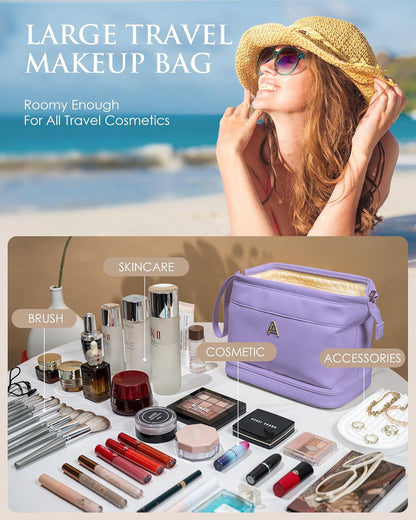 Gifts for Her: Initial Large Makeup Bags, Personalized Double Layer Cosmetic Bags with Makeup Brush Organizer, Waterproof PU Leather Travel Toiletry Bags for Wedding & Bridesmaid Gifts