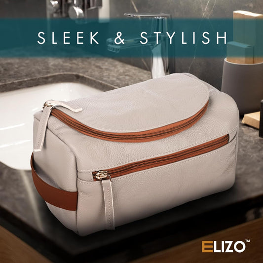 ELIZO Premium REAL Leather Toiletry Bag for Men Dopp Kitt Hanging Mens Toiletry Large TSA Toiletries Bag Shaving Grooming Bag Organizer Cream Tan
