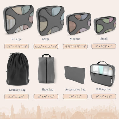 Shacke Premium 8 Packing Cubes Set - Lightweight Mesh Travel Luggage Organizers with Laundry Bag, 8-Piece Suitcase Storage System (Dark Grey)