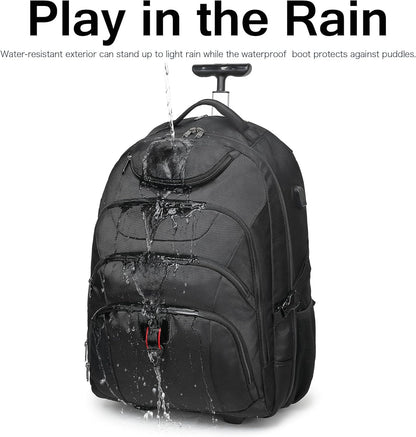 Boavan Wheeled Backpack,18.4 inch Water Resistant Rolling Backpack,Carry on Luggage Business Bag, Overnight College Computer Backpacks Trolley Suitcase for Men Women Adults to Travel，Black