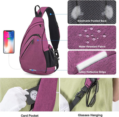mixi Sling Bag Men Backpack Unisex One Shoulder Bag Hiking Travel Backpack Crossbody with USB Port for Men Women Versatile Casual Daypack-17 inch,Purple