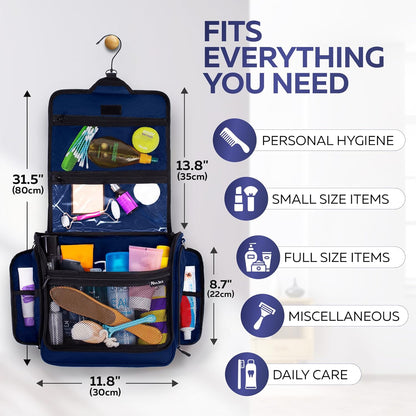 Extra Large (11.8”x11.8”x4”) Hanging Travel Toiletry Bag for Men and Women - Cosmetic Travel Bag With Shoulder Strap - Waterproof Hygiene Bag with Metal Swivel Hook and 19 Compartments for Toiletries