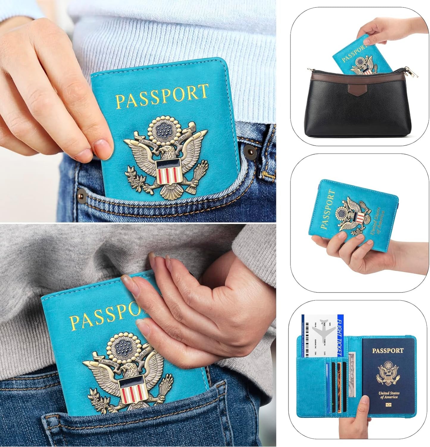 Passport Holder for Travel Passport Cover for Men Passport Wallet Case With 3D Metal Badge Protector Leather Card Case RFID Blocking Women Travel Accessories Document Organizer (Sky Blue)