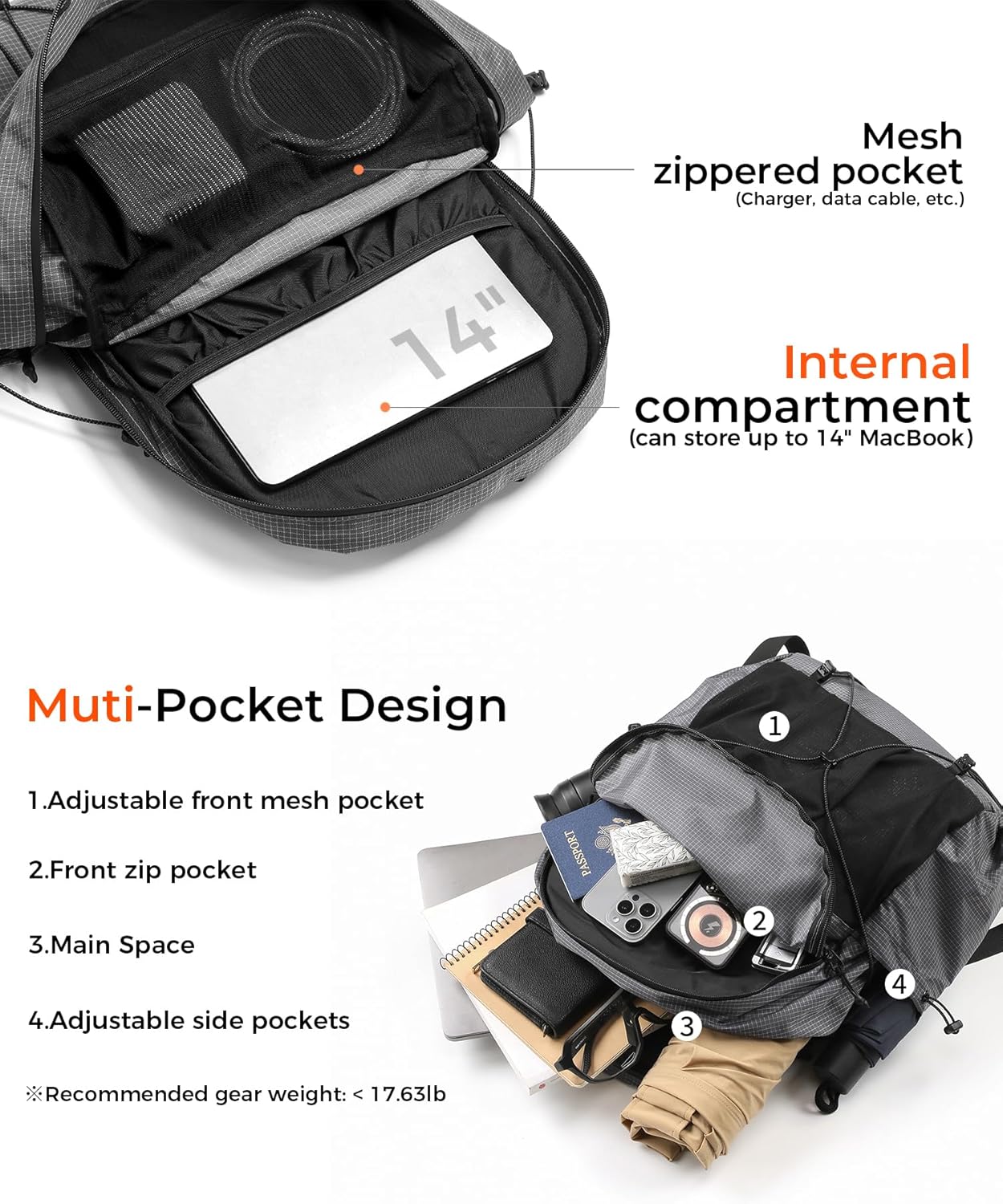 Lightweight Hiking Backpack, Camping Backpack 20L Small Backpacks Water Resistant Daypack for Women Men (Grey)