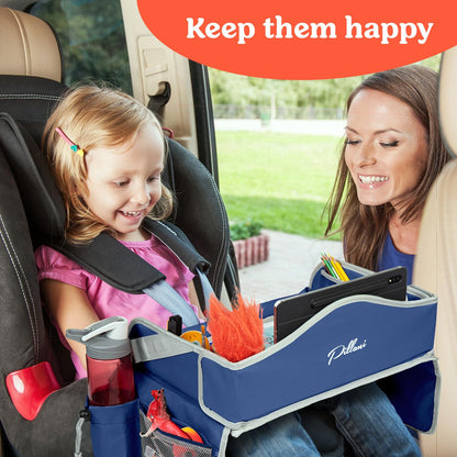 PILLANI Kids Travel Tray for Car - Car Seat Tray for Kids Travel, Road Trip Essentials Must Haves - Carseat Table Roadtrip Activities - Toddler Lap Desk Organizer for Airplane - Kids Travel Essentials