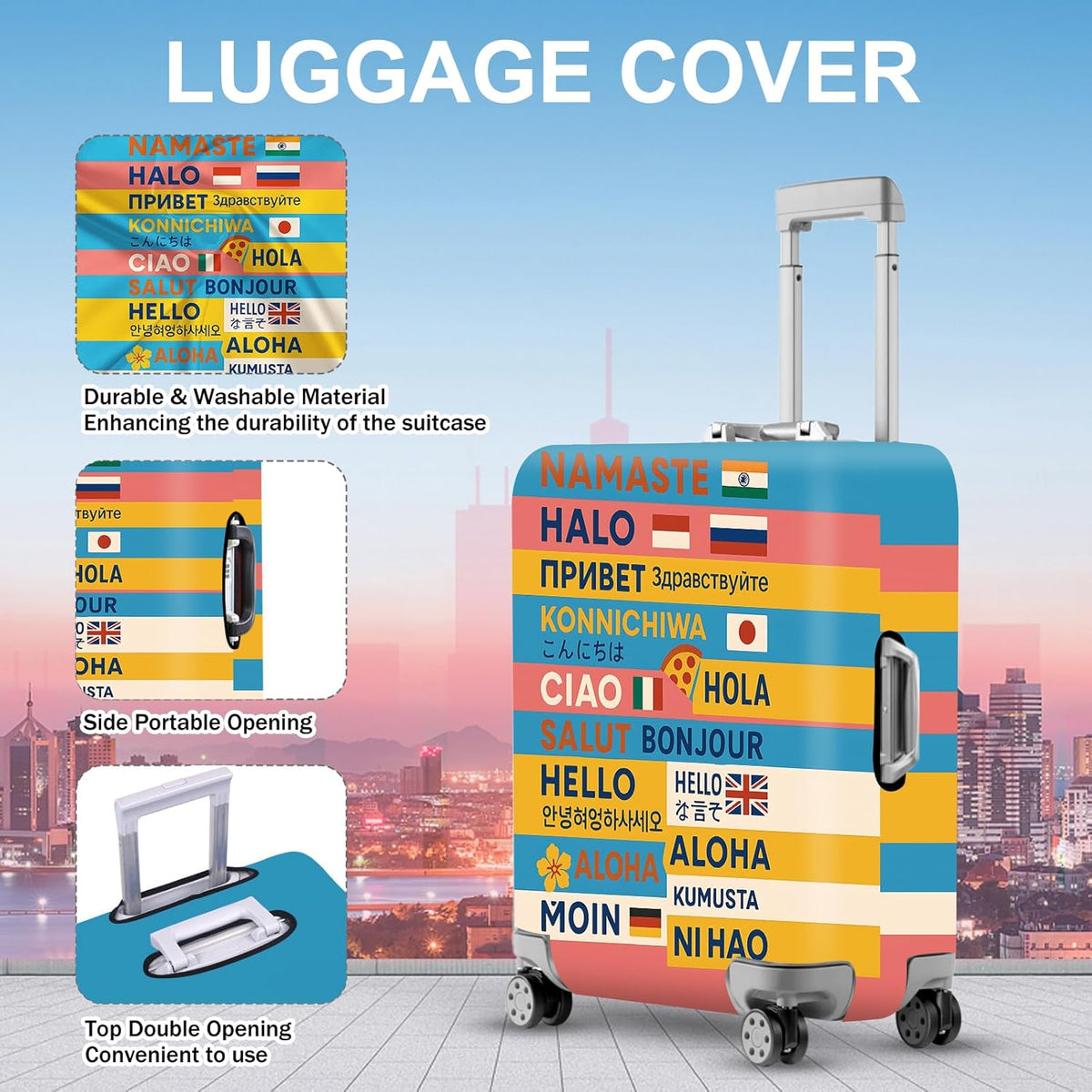 ANNA QUEEN Funny Multilingual Greetings Luggage Cover, Suitcase Protector with Hello in 15+ Languages, Stretchable, Washable Travel Cover for 28-30 Inch Luggage