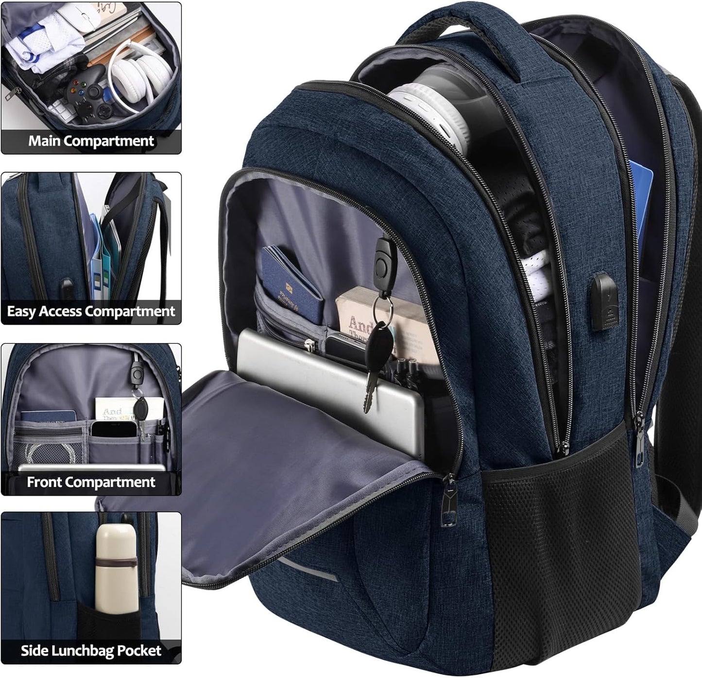 Backpack for Men Women, School Backpacks for Teen Boys, Business Anti Theft Sturdy Travel Laptop Backpack with USB Charging Port, Water Resistant 15.6 Inch Computer Bag Gift, Blue