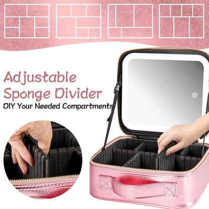 Makeup Travel Train Case with Mirror LED Light 3 Adjustable Brightness Large Cosmetic Bag Portable Storage Adjustable Partition Waterproof Makeup Brushes Make up Jewelry Gift for Women