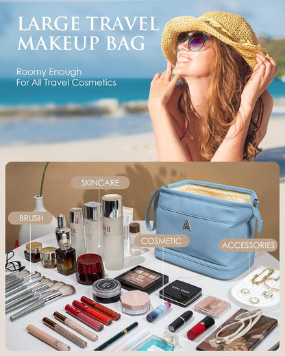Travel Essentials for Women, Initial Makeup Bags, Personalized Double Layer Cosmetic Bag with Makeup Brush Organizer, Birthday Gifts for Girls-Girl Graduation Gifts
