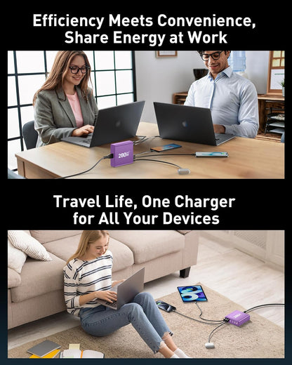 280W USB C Charger Block, 8-Port USB C Charging Station GaN III PD 65W Laptop Charger Adapter Compatible with MacBookPro/Air,DELL,iPad,Portable Charging Station for iPhone,Samsung Galaxy(Purple)